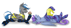 Size: 1939x780 | Tagged: safe, artist:apple-crumbler, oc, oc only, oc:cloud zapper, oc:windy dripper, clothes, eating, food, muffin, royal guard, socks, striped socks