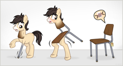 Size: 6320x3410 | Tagged: safe, artist:icaron, oc, oc only, oc:inanimax, earth pony, pony, absurd resolution, chair, chair transformation, furniture, i have no mouth and i must scream, inanimate tf, objectification, price tag, show accurate, solo, story included, transformation, transformation sequence