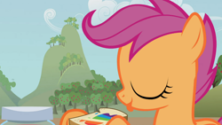 Size: 1366x768 | Tagged: safe, screencap, scootaloo, family appreciation day, apple, food, jam, sandwich, solo, zap apple, zap apple jam