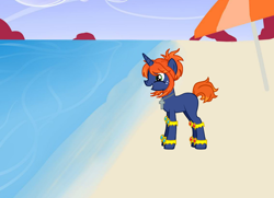 Size: 900x650 | Tagged: safe, artist:generalzoi, artist:icey-wicey-1517, oc, oc only, oc:jolly rodger, pony creator, beach, beach umbrella, cross, freckles, jewelry, necklace, solo, umbrella