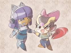 Size: 1600x1200 | Tagged: safe, artist:thegreatrouge, apple bloom, maud pie, equestria girls, armor, capcom, chibi, clothes, crossover, duo, holding hands, humanized, megaman, megaman x, megaman zero, mini, open mouth, walking