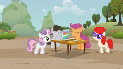 Size: 1366x768 | Tagged: safe, screencap, scootaloo, sweetie belle, truffle shuffle, twist, earth pony, pegasus, pony, unicorn, family appreciation day, apple, background pony, colt, eyes closed, female, filly, food, jam, male, puffy cheeks, sandwich, zap apple, zap apple jam