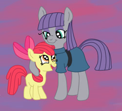 Size: 661x600 | Tagged: safe, artist:squipycheetah, apple bloom, maud pie, happy, hug, maudbloom, smiling, when she smiles