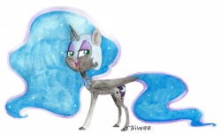 Size: 2671x1622 | Tagged: safe, artist:raiwee, nightmare moon, looking at you, simple background, solo, traditional art