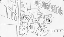 Size: 730x417 | Tagged: safe, artist:ciaran, derpibooru exclusive, derpibooru import, pinkie pie, twilight sparkle, earth pony, pony, anonymous, caption, crossover, door, frown, gorillaz, human head, lineart, monochrome, traditional art