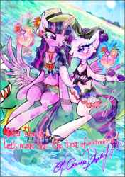 Size: 521x738 | Tagged: safe, artist:onofuji, derpibooru import, rarity, twilight sparkle, twilight sparkle (alicorn), alicorn, anthro, unguligrade anthro, beach, bikini, butt wings, clothes, drink, female, front knot midriff, inflatable, inflatable toy, lesbian, magic, midriff, pool toy, rarilight, shipping, shorts, swimsuit, telekinesis, water