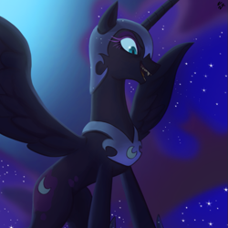 Size: 693x694 | Tagged: safe, artist:ehfa, nightmare moon, pony, fangs, gradient background, helmet, open mouth, solo