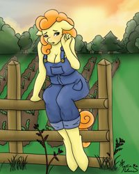 Size: 1600x2000 | Tagged: safe, artist:katiespalace, carrot top, golden harvest, anthro, unguligrade anthro, blushing, boob freckles, breasts, busty carrot top, cleavage, cutie top, female, fence, floppy ears, freckles, garden, naked overalls, overalls, shoulder freckles, solo