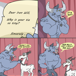 Size: 2010x2010 | Tagged: safe, artist:creepycurse, iron will, goat, ask, ask iron will, baneposting, comic, for you, necktie, tumblr