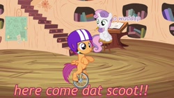 Size: 1024x576 | Tagged: safe, edit, screencap, scootaloo, sweetie belle, twilight time, dat boi, unicycle