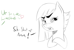 Size: 1150x777 | Tagged: safe, artist:thethunderpony, limestone pie, oc, oc only, oc:anon, earth pony, pony, blushing, cute, female, frown, heart, limetsun pie, looking away, mare, monochrome, offscreen character, open mouth, simple background, sketch, solo, tsundere