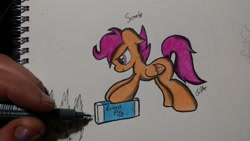 Size: 1024x579 | Tagged: safe, artist:chrispy248, scootaloo, eraser, fourth wall, hand, traditional art