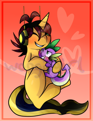 Size: 1045x1357 | Tagged: safe, artist:woogiegirl, spike, dragon, pony, unicorn, avengers, avengers: earth's mightiest heroes, blushing, commission, crossover, crossover shipping, cute, hug, janet van dyne, marvel, ponified, spikabetes, spikelove, spikexwasp, wasp, watermark