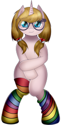 Size: 1000x2000 | Tagged: safe, artist:kirajoleen, oc, oc only, oc:kira, pony, unicorn, bipedal, clothes, covering, cute, female, glasses, looking at you, mare, pigtails, pokéball, pokémon, rainbow socks, simple background, socks, solo, striped socks, transparent background, twintails
