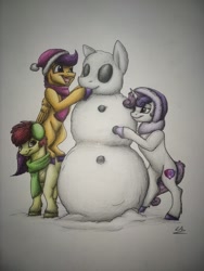 Size: 900x1200 | Tagged: safe, artist:lupiarts, apple bloom, scootaloo, sweetie belle, pony, crusaders of the lost mark, advent calendar, christmas, clothes, cutie mark, cutie mark crusaders, female, filly, scarf, snow, snowpony, the cmc's cutie marks, traditional art