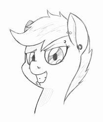 Size: 938x1117 | Tagged: safe, artist:trickydick, scootaloo, bust, grin, metaloo, monochrome, piercing, portrait, sketch, solo