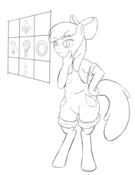 Size: 1111x1448 | Tagged: safe, artist:alixnight, apple bloom, anthro, earth pony, unguligrade anthro, bloom and gloom, cutie mark, monochrome, overalls, solo