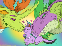 Size: 1200x896 | Tagged: safe, artist:kaemantis, spike, thorax, oc, oc:cordelia, changedling, changeling, dragon, hybrid, to where and back again, adoracreepy, creepy, cute, dragonling, gay, interspecies offspring, king thorax, magical gay spawn, male, offspring, parent:spike, parent:thorax, parents:thoraxspike, shipping, spikezilla, thoraxspike