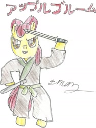 Size: 1149x1528 | Tagged: safe, artist:javierman, apple bloom, pony, bipedal, clothes, grin, japanese, martial arts, samurai, simple background, solo, sword, weapon, white background