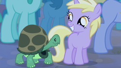 Size: 1280x720 | Tagged: safe, screencap, dinky hooves, pony, tortoise, unicorn, filli vanilli, background pony, duo focus, female, filly, looking at each other, twee