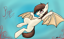 Size: 1245x755 | Tagged: safe, artist:midnightfreakshow, oc, oc only, oc:pipistrello sweet, bat pony, pony, confectioner, flying, heart eyes, smiling, solo, wingding eyes