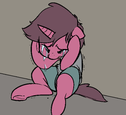 Size: 514x467 | Tagged: safe, artist:whydomenhavenipples, oc, oc only, oc:cherry blossom, pony, unicorn, clothes, colored, crying, eyes closed, female, northern excursion, open mouth, sitting, solo, underhoof