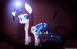 Size: 800x516 | Tagged: safe, artist:riouku, oc, oc only, changeling, pony, duo, female, glowing horn, mare