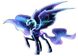 Size: 3600x2600 | Tagged: safe, artist:escurotia, nightmare moon, grin, open mouth, raised hoof, simple background, solo, spread wings, transparent background