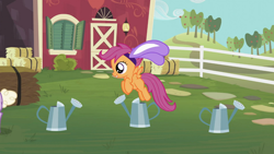 Size: 1366x768 | Tagged: safe, screencap, scootaloo, pegasus, pony, family appreciation day, bunny ears, cute, cutealoo, female, filly, jumping, smiling, solo, spread wings, wings