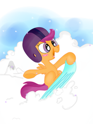 Size: 768x1024 | Tagged: safe, artist:andypriceart, artist:krazykari, scootaloo, blush sticker, blushing, helmet, snow, snowboard, snowboarding, solo