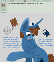 Size: 2543x2921 | Tagged: safe, artist:ask-ponybilldip, pony, unicorn, ask, bill cipher, cutie mark, deviantart, dipper pines, earring, gravity falls, hat, journal, journal #3, older, piercing, ponified, tattoo, tumblr, wheel of intrigue