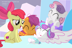 Size: 2985x1979 | Tagged: safe, artist:shutterflyeqd, apple bloom, princess flurry heart, scootaloo, sweetie belle, adorabloom, cute, cutealoo, cutie mark, cutie mark crusaders, diaper, diasweetes, eyes closed, flurrybetes, the cmc's cutie marks, weapons-grade cute