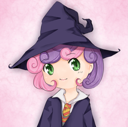 Size: 803x800 | Tagged: safe, artist:d-tomoyo, sweetie belle, human, crossover, gryffindor, harry potter, hat, humanized, solo, wizard, wizard hat