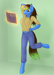 Size: 1280x1778 | Tagged: safe, artist:daf, oc, oc only, anthro, unicorn, balancing, belly button, clothes, female, glowing horn, jeans, male to female, midriff, pants, rule 63, solo, transformation, transgender transformation