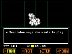 Size: 640x480 | Tagged: safe, artist:fillerartist, edit, scootaloo, crossover, pixel art, playful, solo, style emulation, undertale, video game