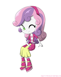 Size: 1600x2000 | Tagged: safe, artist:graytyphoon, sweetie belle, equestria girls, belt, boots, clothes, cute, diasweetes, female, one eye closed, shoes, skirt, solo, wink