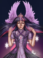 Size: 884x1200 | Tagged: safe, artist:samwashingtonillus, twilight sparkle, twilight sparkle (alicorn), alicorn, human, clothes, dress, horned humanization, humanized, looking at you, magic, solo, spread wings, winged humanization