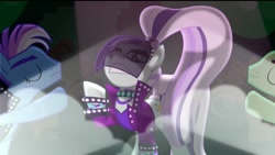 Size: 1200x675 | Tagged: safe, screencap, coloratura, limelight, the mane attraction, background dancers, countess coloratura, fog, new wave (character), spectrum shades, stage, turbo bass