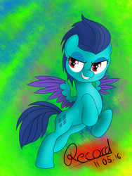 Size: 1024x1365 | Tagged: safe, artist:recordmelodie, princess ember, pegasus, pony, bedroom eyes, colored wings, colored wingtips, cute, freckles, grin, looking at you, ponified, ponified ember, rearing, smirk, solo, spread wings