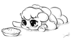 Size: 1024x567 | Tagged: safe, artist:sverre93, apple bloom, adorabloom, apple pie, chibi, cute, drool, food, monochrome, pie, sketch, solo, sverre is trying to murder us
