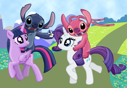 Size: 1608x1113 | Tagged: safe, artist:majkashinoda626, derpibooru import, rarity, twilight sparkle, twilight sparkle (alicorn), alicorn, pony, unicorn, angel (lilo and stitch), crossover, female, lilo and stitch, lilo and stitch the series, mare, present, ride, rider, riding, stitch, tara strong, voice actor joke