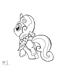 Size: 1290x1555 | Tagged: safe, artist:neversure, sweetie belle, sisterhooves social, monochrome, sketch, solo