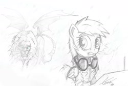 Size: 1280x863 | Tagged: safe, artist:einik, oc, oc only, oc:dazzling "dodo" dusk, manticore, fallout equestria, fallout equestria: the fossil, goggles, partial color, scared, snow, steam, traditional art