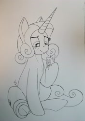 Size: 2850x4053 | Tagged: safe, artist:scribblepwn3, oc, oc only, oc:sunset glow, pony, unicorn, candle, crying, monochrome, pen drawing, solo, traditional art