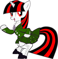 Size: 1006x1024 | Tagged: safe, artist:barrfind, editor:icy shake, oc, oc only, oc:blackjack, pony, unicorn, fallout equestria, fallout equestria: project horizons, bipedal, clothes, dress, fanfic, fanfic art, female, hooves, horn, looking at you, mare, open mouth, school uniform, simple background, solo, transparent background