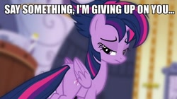 Size: 712x400 | Tagged: safe, edit, edited screencap, screencap, twilight sparkle, twilight sparkle (alicorn), alicorn, pony, castle sweet castle, a great big world, alternate hairstyle, christina aguilera, female, image macro, mare, meme, punklight sparkle, say something, song reference, text edit