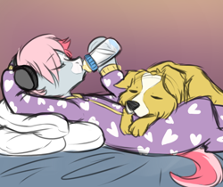 Size: 600x503 | Tagged: safe, artist:jitterbugjive, oc, oc only, oc:smudge, dog, adult foal, bed, bottle, footed sleeper, headphones