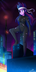 Size: 2036x4053 | Tagged: safe, artist:the-butch-x, twilight sparkle, equestria girls, abs, absurd resolution, alternate hairstyle, bandage, bandana, breasts, city, city lights, commission, eyepatch, female, future headlight, future twilight, futuristic, headlight sparkle, high heel boots, high heels, night, scenery, skinsuit, solo, wardrobe malfunction