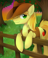 Size: 1024x1249 | Tagged: safe, artist:scarlet-spectrum, braeburn, apple tree, fence, grass, solo, sunset, tree, watermark