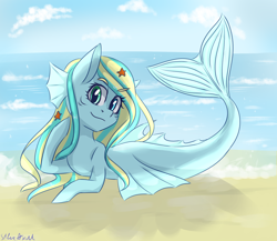 Size: 2300x2000 | Tagged: safe, artist:silbersternenlicht, oc, oc only, oc:ocean miracle, mermaid, merpony, beach, solo